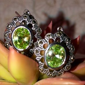 .925 silver marcasite peridot colored CZ earrings